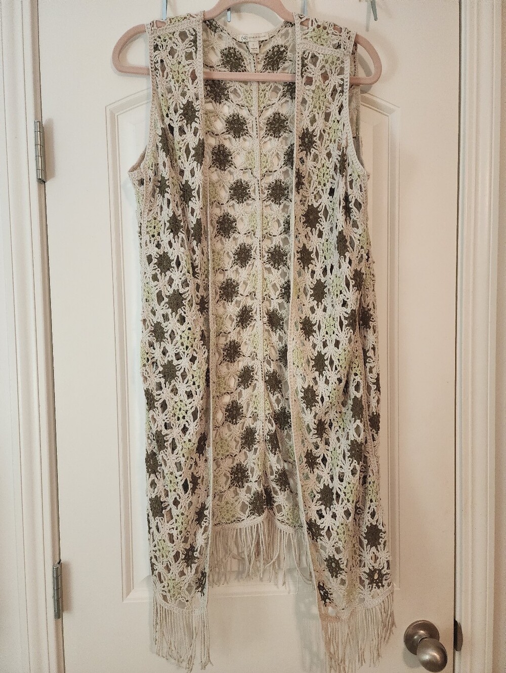Cato Cream & Olive Crochet Fringed Open Front Vest Large Hippie 60-70s
